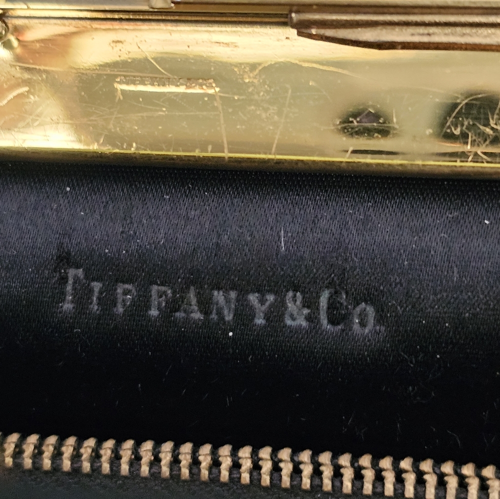 SIGHNED TIFFANY &CO ON BAG,8X8 INCH,BLACK SUEDE, GOLD FRAME STAMPED TIFFANY